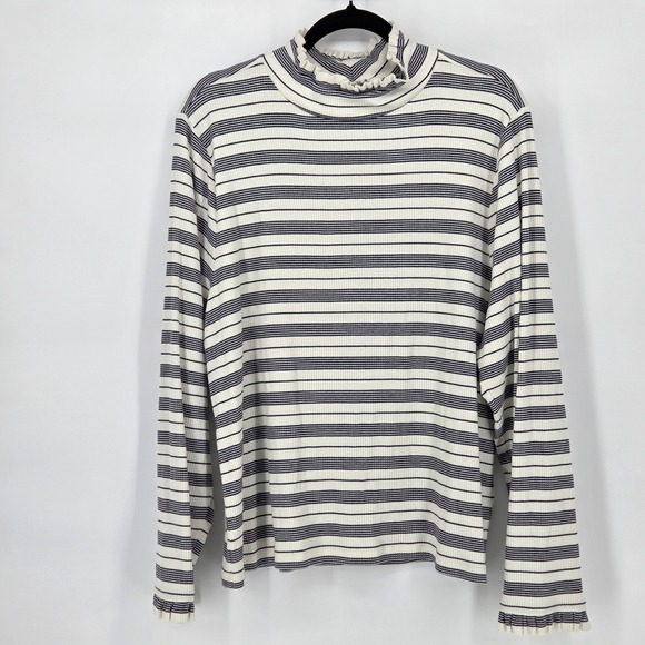 J.Crew Women's 3X vintage rib ruffle mockneck‎ tee shirt striped top white black - Picture 2 of 7